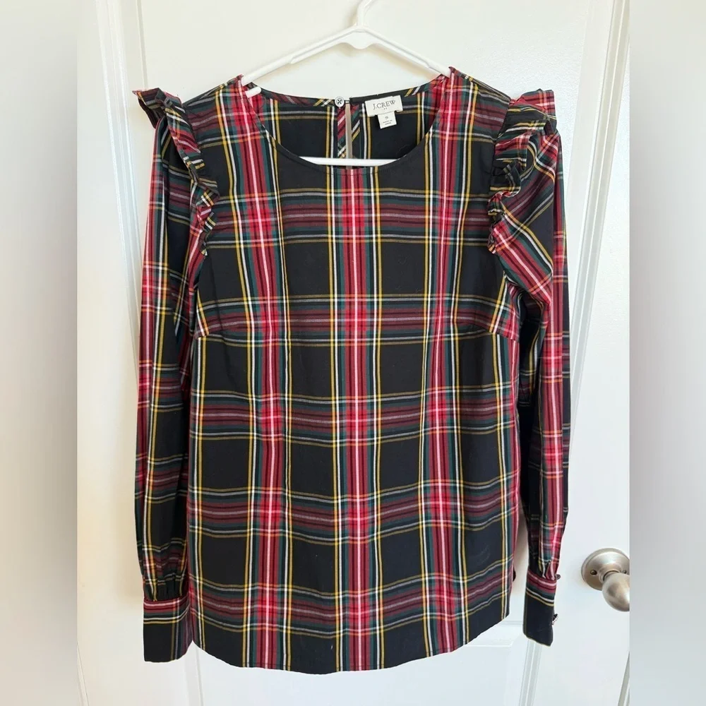 J.Crew Poplin Tartan Ruffle Top Small